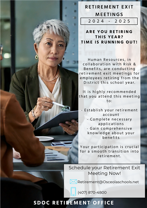 Photo of retirement meeting. This photo has verbiage encouraging employees to get appointments for exit meetings.